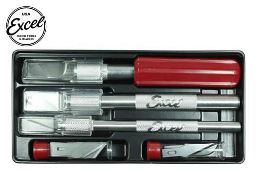 Excel Tools - EXL44082 - Werkzeug - Messerset - Hobbyset - Kunststoffschale - inkl. 3 Messer und 13 verschiedene Klingen