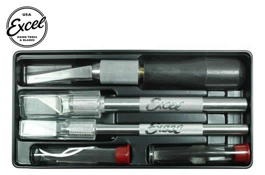 Excel Tools - EXL44090 - Werkzeug - Messerset - Professional Set - Kunststoffschale - bestehend aus 3 Messern, 11 Klingen und 2 Hohlmeißeln