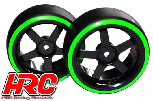 HRC Racing - HRC61061GR - Tires - 1/10 Drift - mounted - 5-Spoke Wheels 3mm Offset - Dual Color - Slick - Black/Green (2 pcs)