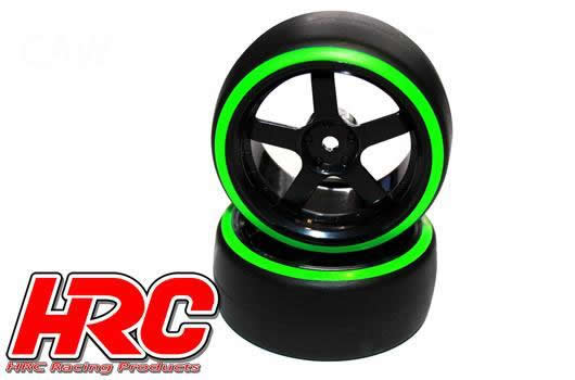 Tires - 1/10 Drift - mounted - 5-Spoke Wheels 3mm Offset - Dual Color - Slick - Black/Green (2 pcs)