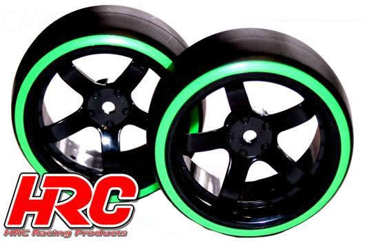 HRC Racing - HRC61062GR - Gomme - 1/10 Drift - montato - Cerchi 5-Spoke 6mm Offset - Dual Color - Slick - Nero/Verde (2 pzi)