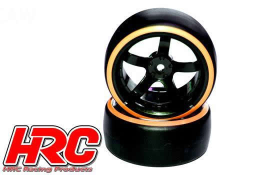 Tires - 1/10 Drift - mounted - 5-Spoke Wheels 6mm Offset - Dual Color - Slick - Black/Orange (2 pcs)