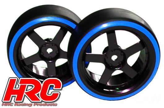 HRC Racing - HRC61061BL - Tires - 1/10 Drift - mounted - 5-Spoke Wheels 3mm Offset - Dual Color - Slick - Black/Blue (2 pcs)