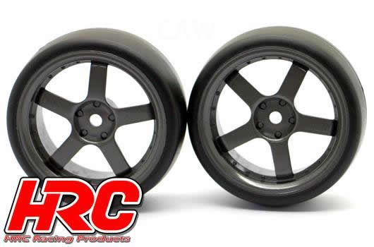HRC Racing - HRC61071GM - Reifen - 1/10 Drift - montiert - 5-Spoke Gunmetal Felgen 3mm Offset - Slick (2 Stk.)