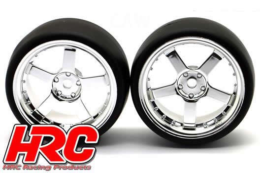 HRC Racing - HRC61071CH - Tires - 1/10 Drift - mounted - 5-Spoke Chrome Wheels 3mm Offset - Slick (2 pcs)