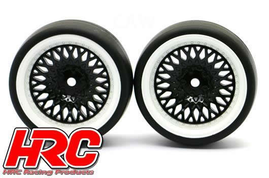 HRC Racing - HRC61072BW - Pneus - 1/10 Drift - montés - Jantes Noires/Blanches CLS 6mm Offset - Slick (2 pces)