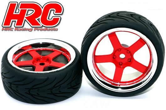 HRC Racing - HRC61011/2 - Reifen - 1/10 Touring - montiert - 5-Stars Rot/Chrome Felgen - 12mm hex - HRC High Grip Street-V (2 Stk.)