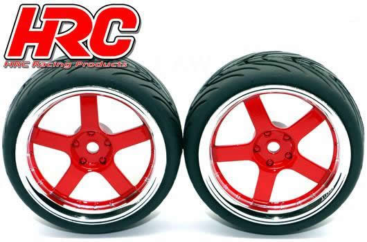 Tires - 1/10 Touring - mounted - 5-Stars Red/Chrome Wheels - 12mm hex - HRC High Grip Street-V (2 pcs)