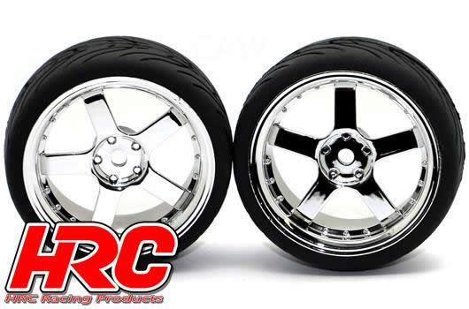 Tires - 1/10 Touring - mounted -  5-Spoke Chrome Wheels - 12mm Hex - HRC Street-V II (2 pcs)