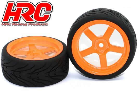 Tires - 1/10 Touring - mounted - 5-Spoke Orange Wheels - 12mm Hex - HRC Street-V II (2 pcs)