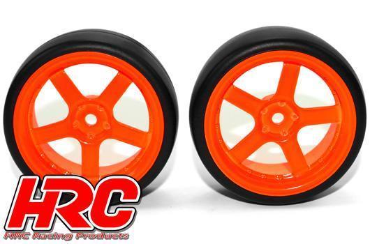 HRC Racing - HRC61072OR - Pneus - 1/10 Drift - montés - Jantes Orange 5-bâtons 6mm Offset - Slick (2 pces)