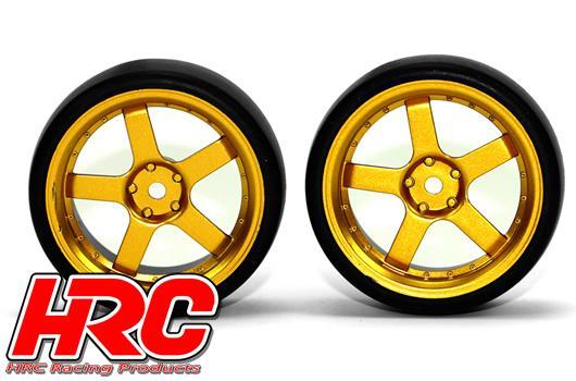 HRC Racing - HRC61071GD - Gomme - 1/10 Drift - montato - Cerchi 5-Spoke Gold 3mm Offset - Slick (2 pzi)