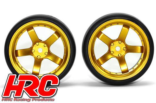 HRC Racing - HRC61072GD - Pneus - 1/10 Drift - montés - Jantes Gold 5-bâtons 6mm Offset - Slick (2 pces)