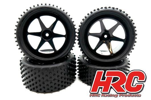 HRC Racing - HRC61105S - Reifen - 1/10 Buggy - montiert - Schwarz Felgen - 4WD Vorne & Hinten - 2.2" - Stub Pattern (4 Stck)