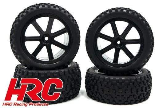 HRC Racing - HRC61108K - Reifen - 1/10 Buggy - montiert - Schwarz 7-Spoke Felgen - 4WD Vorne & Hinten - 12mm hex - 2.2" Blocker (4 pcs)