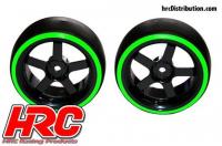 Tires - 1/10 Drift - mounted - 5-Spoke Wheels 3mm Offset - Dual Color - Slick - Black/Green (2 pcs)