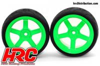 Tires - 1/10 Touring - mounted - 5-Spoke Green Wheels - 12mm Hex - HRC Street-V II (2 pcs)