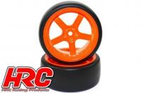 Reifen - 1/10 Drift - montiert - 5-Spoke Orange Felgen 6mm Offset - Slick (2 Stk.)