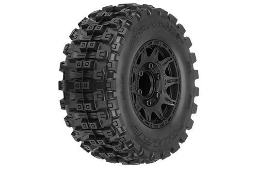 Tires - 1/10 Monster - Badlands MX28 BELTED F/R 2.8" MT Tres Mounted 12mm Blk Raid (2)