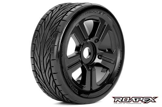 Roapex - RXR5001-B - Tires - 1/8 Buggy - mounted -  Black wheels - 17mm Hex - Trigger (2 pcs)