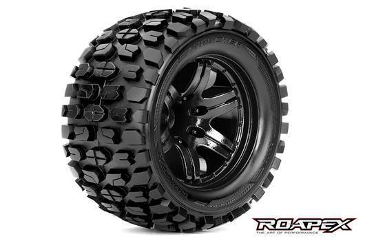 Roapex - RXR3002-B0 - Tires - 1/10 Monster Truck - mounted - 0 offset - Black wheels - 12mm Hex - Tracker (2 pcs)