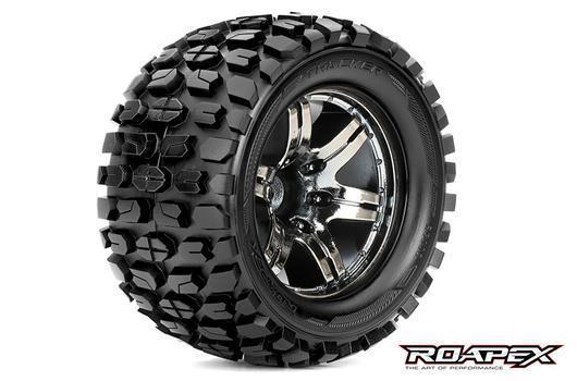 Roapex - RXR3002-CB0 - Tires - 1/10 Monster Truck - mounted - 0 offset - Chrome Black wheels - 12mm Hex - Tracker (2 pcs)