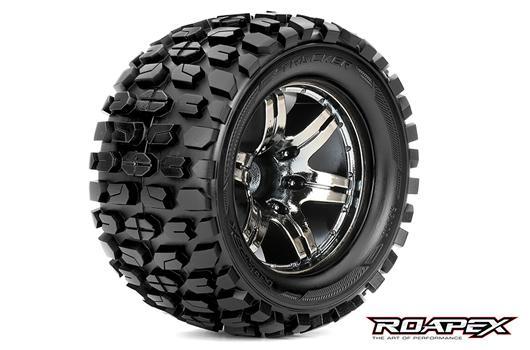 Roapex - RXR3002-CB2 - Tires - 1/10 Monster Truck - mounted - 1/2 offset - Chrome Black wheels - 12mm Hex - Tracker (2 pcs)