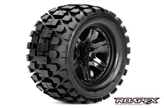 Roapex - RXR3003-B0 - Tires - 1/10 Monster Truck - mounted - 0 offset - Black wheels - 12mm Hex - Rhythm (2 pcs)