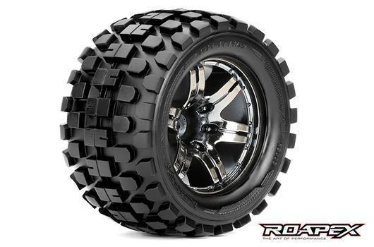 Roapex - RXR3003-CB0 - Tires - 1/10 Monster Truck - mounted - 0 offset - Chrome Black wheels - 12mm Hex - Rhythm (2 pcs)