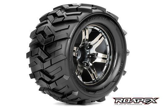 Roapex - RXR3004-CB0 - Tires - 1/10 Monster Truck - mounted - 0 offset - Chrome Black wheels - 12mm Hex - Morph (2 pcs)