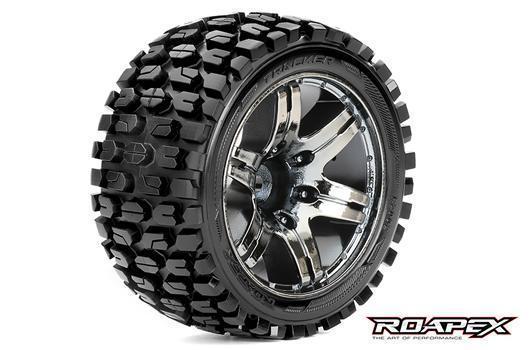 Roapex - RXR2002-CB0 - Tires - 1/10 Stadium Truck - mounted - 0 offset - Chrome Black wheels - 12mm Hex - Tracker (2 pcs)