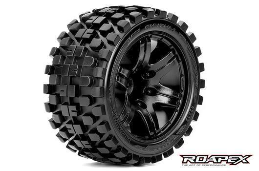Roapex - RXR2003-B0 - Tires - 1/10 Stadium Truck - mounted - 0 offset - Black wheels - 12mm Hex - Rhythm (2 pcs)
