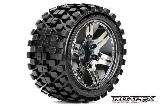 Roapex - RXR2003-CB0 - Tires - 1/10 Stadium Truck - mounted - 0 offset - Chrome Black wheels - 12mm Hex - Rhythm (2 pcs)