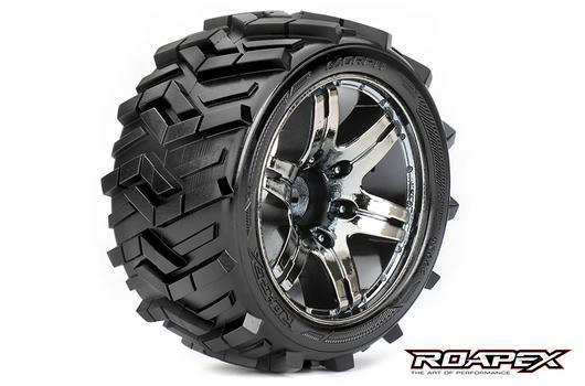 Roapex - RXR2004-CB0 - Tires - 1/10 Stadium Truck - mounted - 0 offset - Chrome Black wheels - 12mm Hex - Morph (2 pcs)