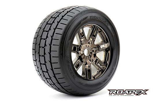 Roapex - RXR4002-CB0 - Tires - 1/8 Monster Truck - mounted - 0 offset - Chrome Black wheels - 17mm Hex - Trigger (2 pcs)