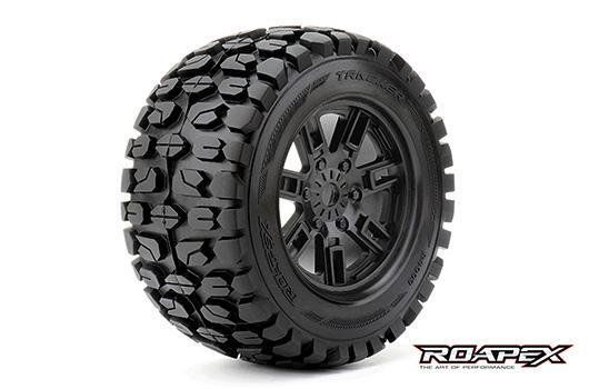 Roapex - RXR4003-B0 - Tires - 1/8 Monster Truck - mounted - 0 offset - Black wheels - 17mm Hex - Tracker (2 pcs)