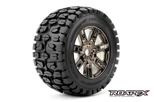 Roapex - RXR4003-CB0 - Tires - 1/8 Monster Truck - mounted - 0 offset - Chrome Black wheels - 17mm Hex - Tracker (2 pcs)