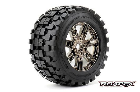 Roapex - RXR4004-CB0 - Tires - 1/8 Monster Truck - mounted - 0 offset - Chrome Black wheels - 17mm Hex - Rythm (2 pcs)