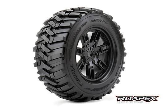 Roapex - RXR4005-B0 - Tires - 1/8 Monster Truck - mounted - 0 offset - Black wheels - 17mm Hex - Morph (2 pcs)