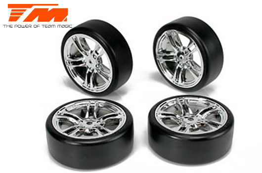 Team Magic - TM503302S - Tires - 1/10 Drift - mounted - 5 Spoke Silver wheels - 12mm Hex - Hard (4 pcs)