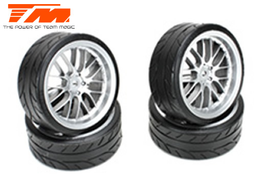 Team Magic - TM503330FS - Tires - 1/10 Drift - mounted - 8 Spoke Fog Silver wheels - 12mm Hex - Radials 2.2" (4 pcs)