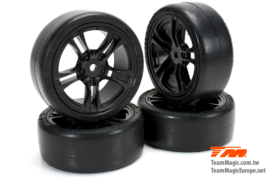Team Magic - TM503329BK - Tires - 1/10 Touring - mounted - 5 Spoke Black wheels - 12mm Hex - Slics (4 pcs)