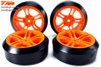 Tires - 1/10 Drift - mounted - 5 Spoke Orange wheels - 12mm Hex - 45° - Hard (4 pcs)