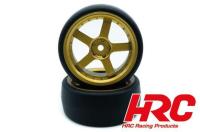 Tires - 1/10 Drift - mounted - 5-Spoke Gold Wheels 3mm Offset - Slick (2 pcs)